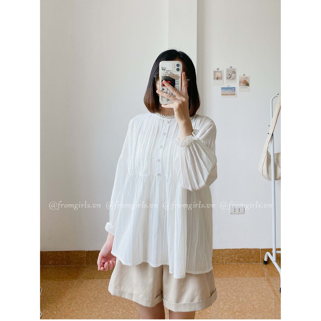 Áo babydoll dài tay xếp ly ngực cúc bọc tay chun vintage - BBD05FG BROWN