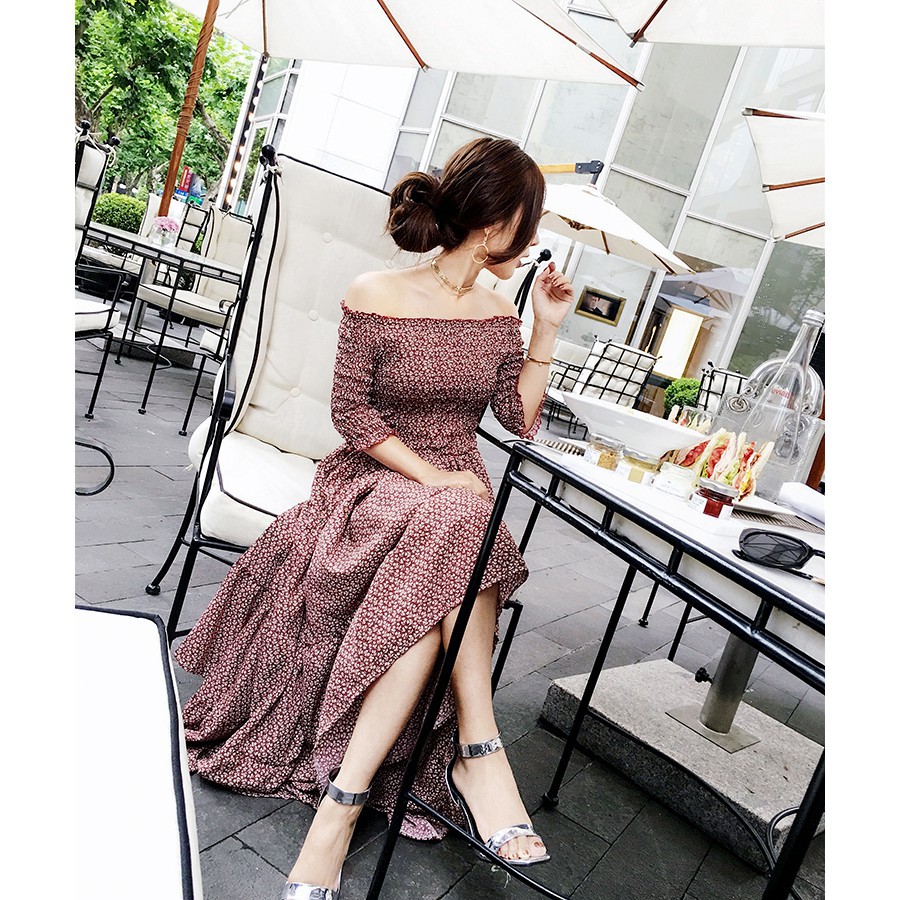 Đầm dạ tiệc hoạ tiết hoa thiết kế trễ vai phong cách Hàn Quốc | BigBuy360 - bigbuy360.vn