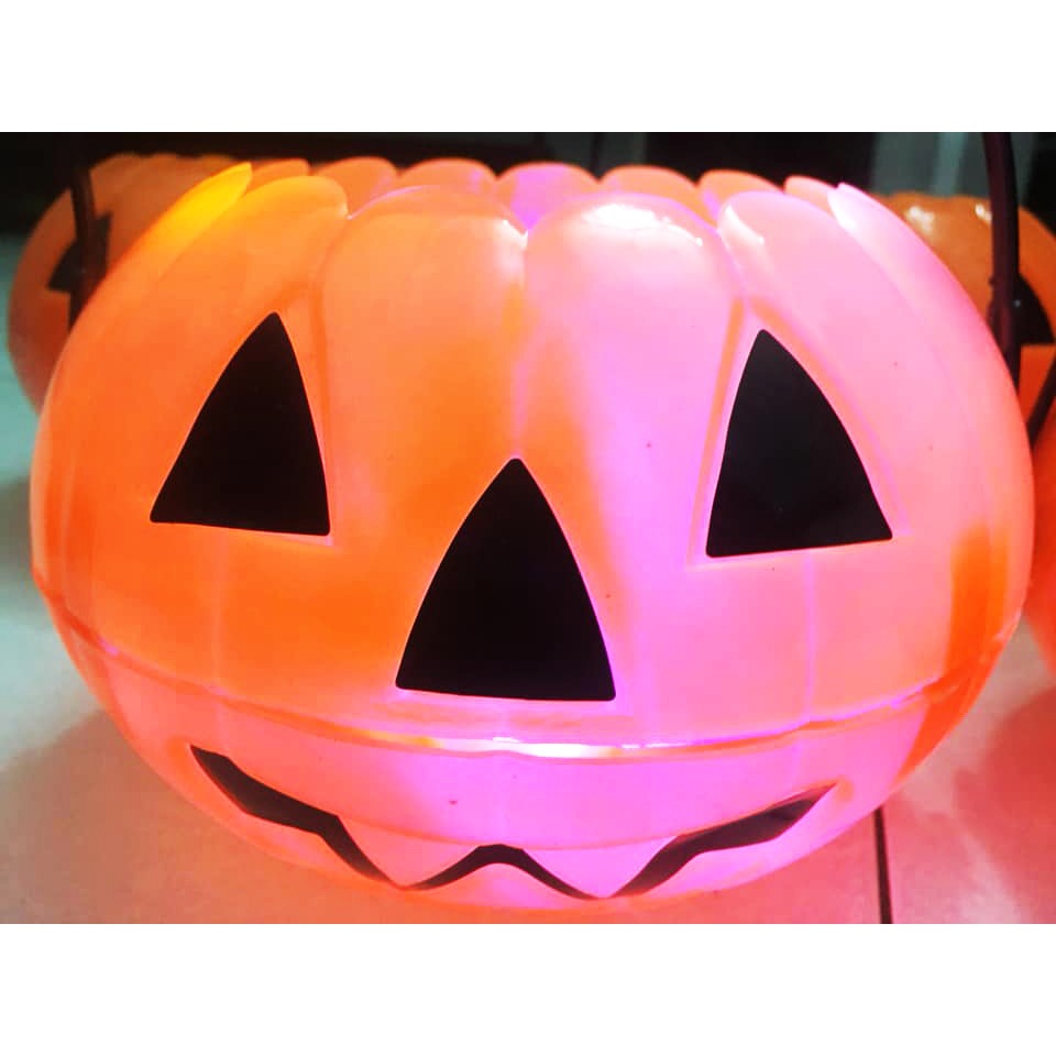 Bí đỏ ma, bí đỏ Halloween, giỏ bí đỏ có đèn led có quai cầm, phụ kiện halloween