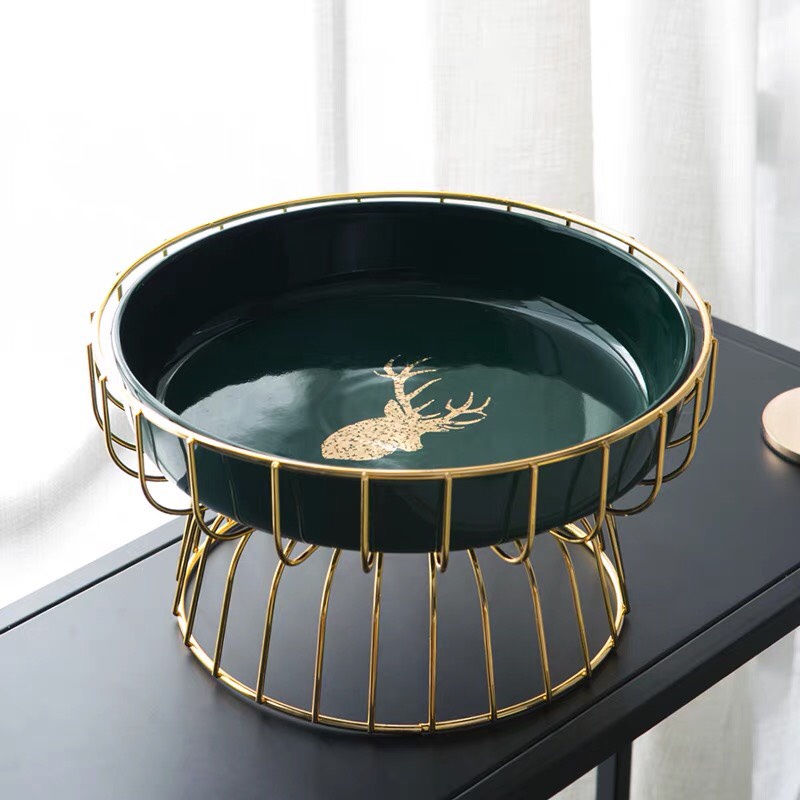 Khay đựng trái cây, bánh kẹo, hoa quả gốm sứ cao cấp hình đầu hươu màu xanh, trắng