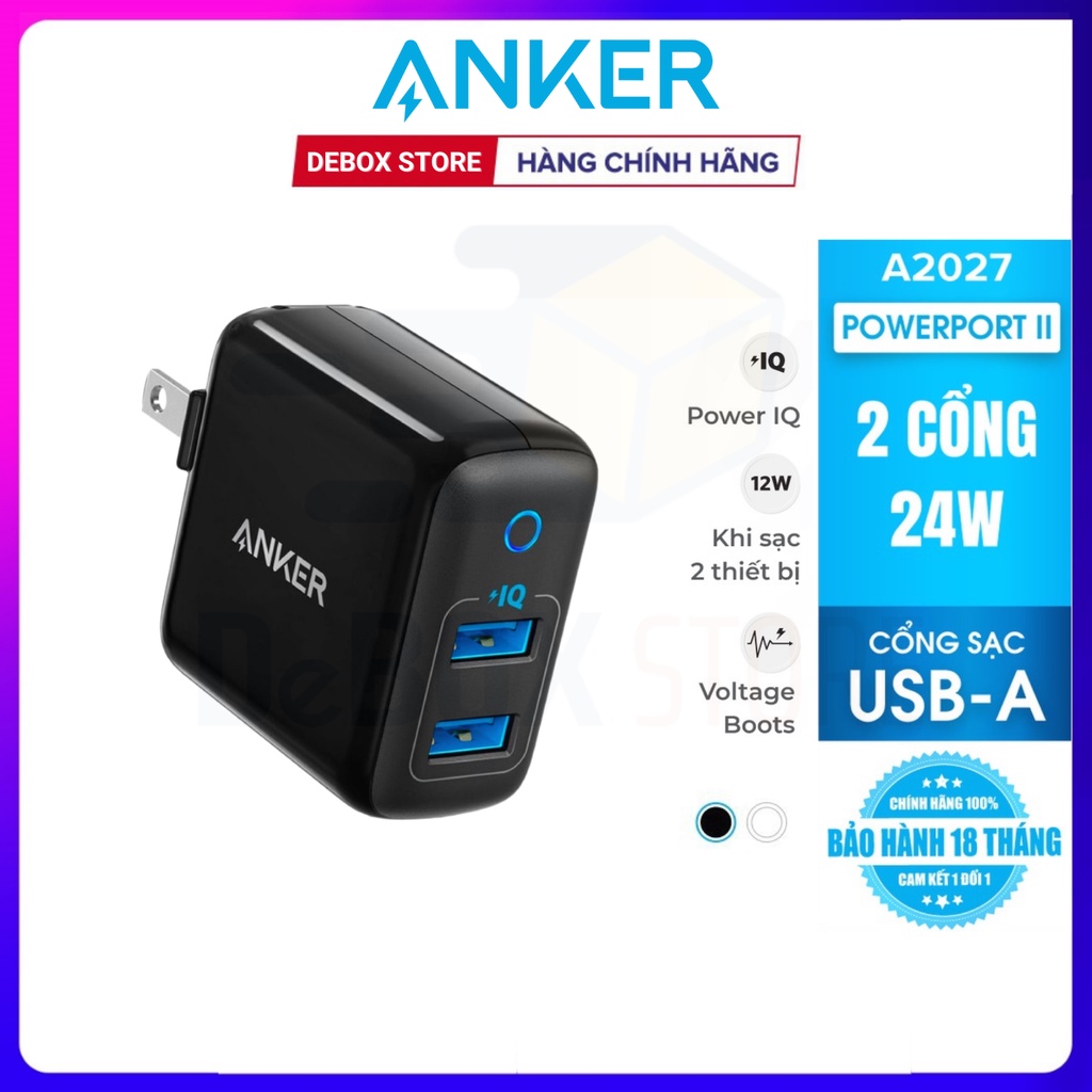 【Giao hàng nhanh】Sạc ANKER PowerPort II 2 cổng PIQ 24w - A2027 Bảo hành 18T chính hãng