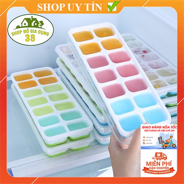 D52 Khay đá Silicon có nắp đậy 14 viên, Khay bảo quản đồ ăn, làm đá - thạch - kem bảo quản chống mùi