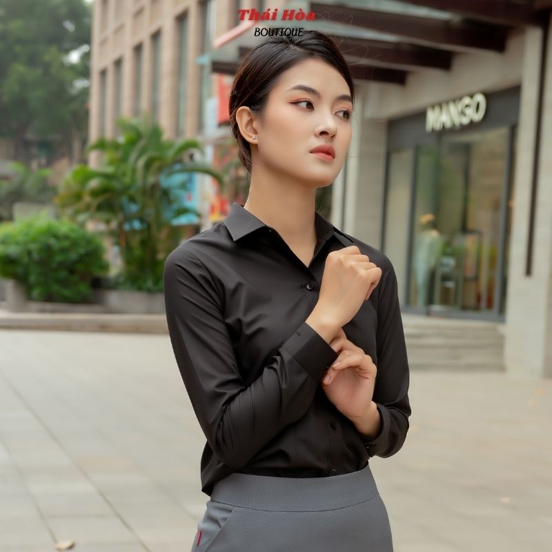 Áo sơ mi đen nữ tay dài công sở kiểu đẹp bigsize cotton mềm min Thái Hoà 047-15-01