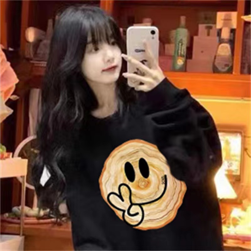 ZHELIHANGFEI Áo Sweater Tay Dài Dáng Rộng Cổ Tròn In Họa Tiết Cá Tính