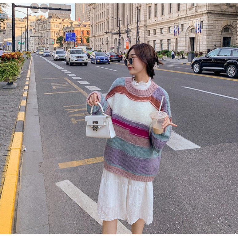 Áo sweater thời trang dáng rộng phong cách Hàn Quốc họa tiết sọc cá tính