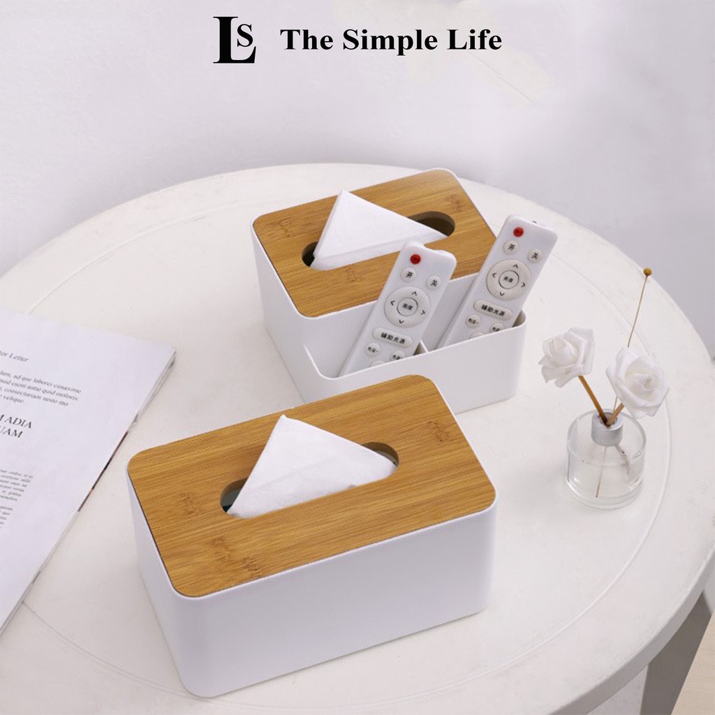 Hộp đựng giấy ăn nắp gỗ, hộp chứa khăn giấy có 2 ngăn để đồ đặt bàn phòng khách, phòng ngủ, bàn làm việc [CHÍNH HÃNG]