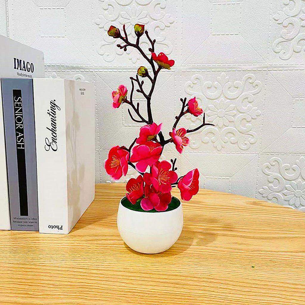 1 Chậu Hoa Nhân Tạo Màu Sắc Tươi Sáng Kèm Chậu Hoa Để Bàn Trang Trí Nhà Cửa