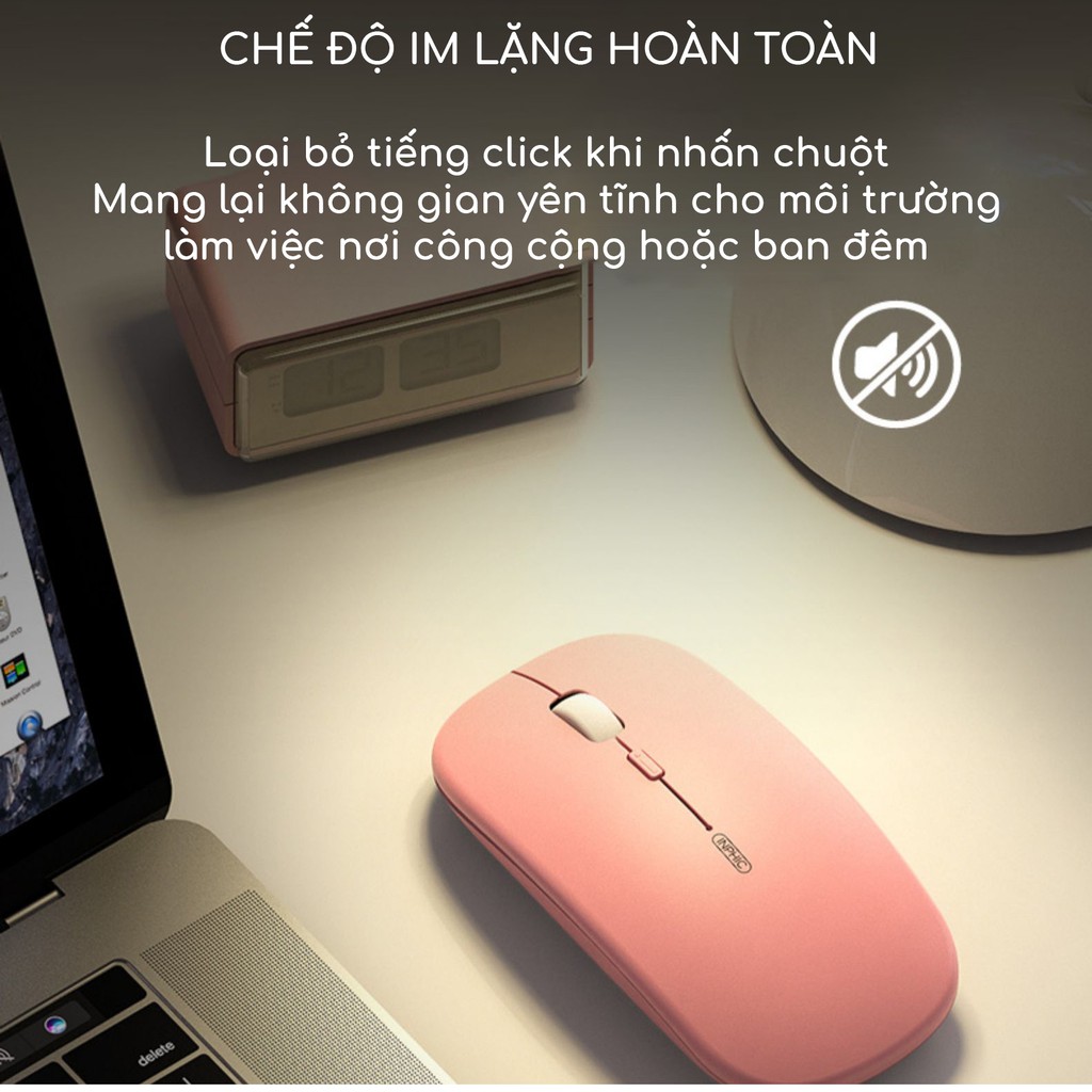 Chuột không dây cute màu hồng sạc điện SIDOTECH Inphic M1P dòng silent pin sạc 1 lần dùng 4 tuần cho máy tính laptop pc