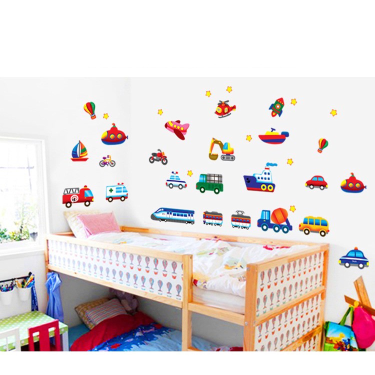 Decan dán tường cho bé trai phương tiện giao thông - chất liệu nhựa PVC cao cấp chống thấm