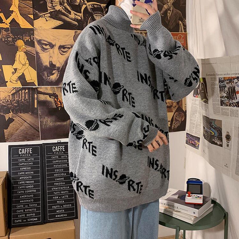 Áo Sweater Cotton Dệt Kim Cổ Lọ Dáng Rộng Phong Cách Hàn Quốc Thời Trang Mùa Đông Cho Nam Giới