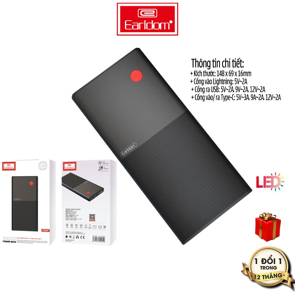 Sạc Dự Phòng 10.000 mah Earldom PD-04 Sạc Nhanh Vỏ Nhựa Cứng Cáp Cách Nhiệt Chống Bám Bẩn