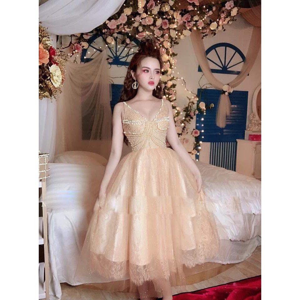 Đầm xoè voan hoa cổ V TRIPBLE T DRESS - Free size dưới 54kg