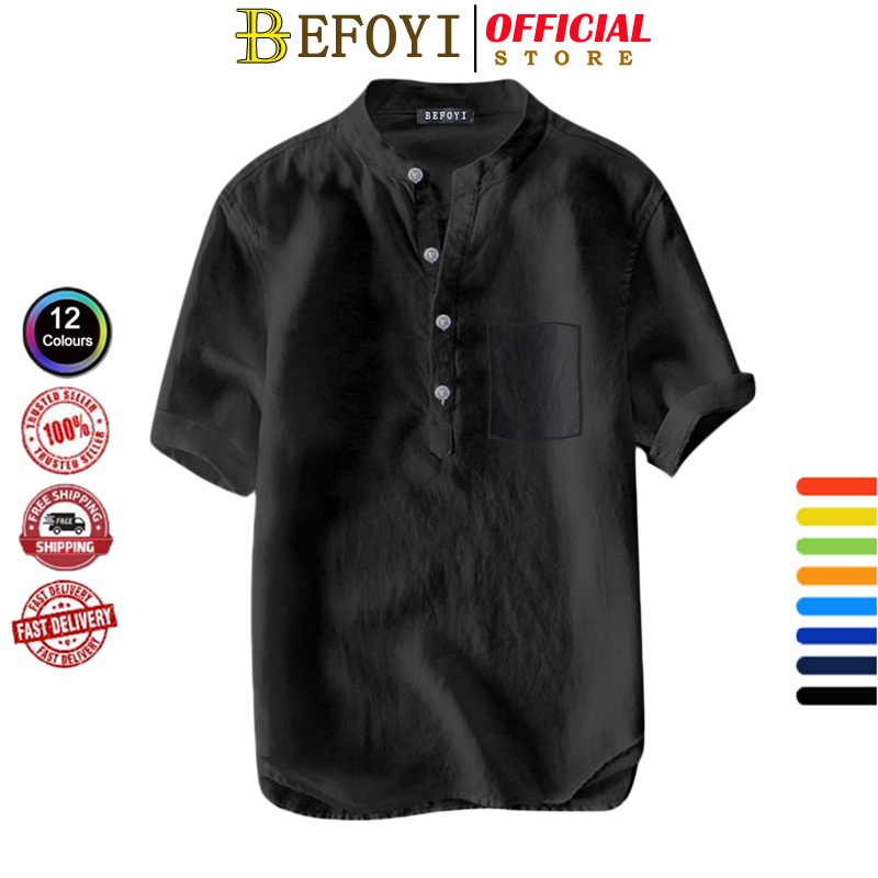 Áo thun polo BEFOYI PTX02 tay ngắn cổ chữ V vải lanh cotton màu trơn kiểu Trung Hoa cho nam nhiều cỡ