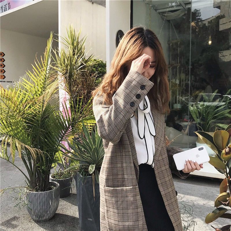 Áo Khoác Vest Họa Tiết Ca Rô Phong Cách Hàn Quốc Dành Cho Nữ