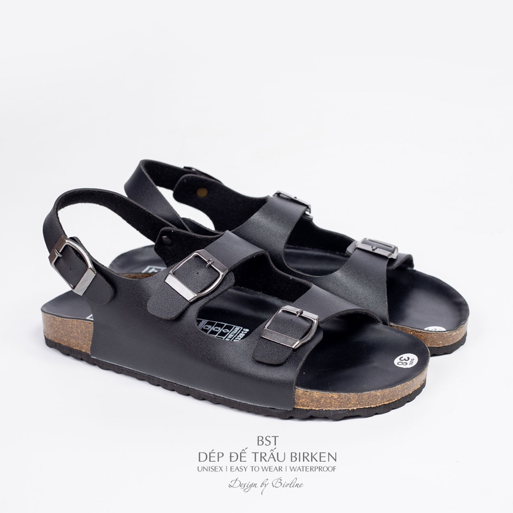 PK02-LÓT CHỐNG NƯỚC-Giày sandal đế trấu Birken nam nữ, quai ngang, da PU cao cấp, dép xăng đan công sở Bioline