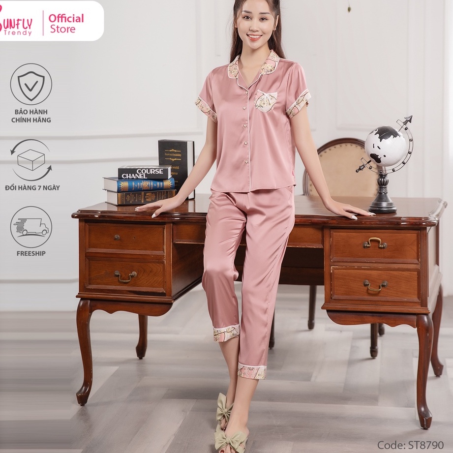 Bộ đồ mặc nhà nữ pijamas SUNFLY lụa áo cộc, quần lỡ ST8790