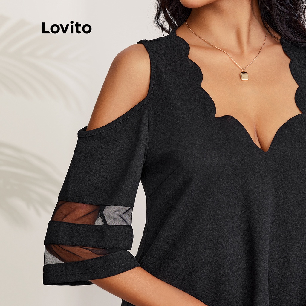 Đầm Lovito thiết kế cổ chữ V cắt xẻ vải lưới tương phản trơn màu phong cách thanh lịch L27LD097 (màu đen)