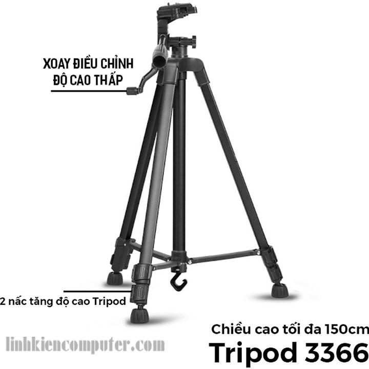 Chân đế Tripod cho điện thoại và máy ảnh 3366 cao cấp - Chân giá đỡ máy ảnh/ điện thoại Tripod 3366 cao 150cm