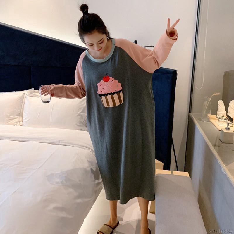 Fashion Stitching Color Cartoon Print Long-sleeved Loose Casual Nightdress | BigBuy360 - bigbuy360.vn