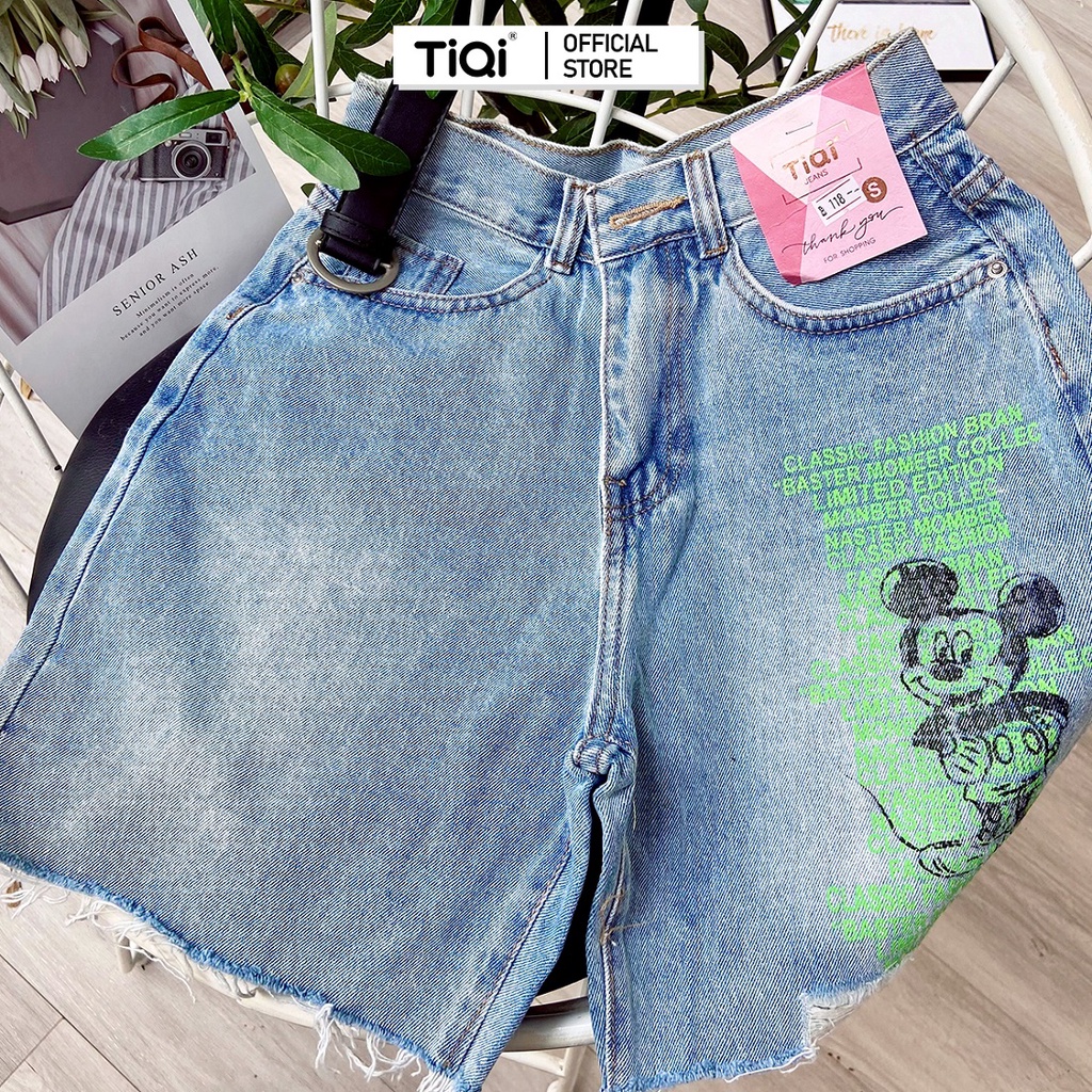 Quần jean ngố nữ lưng cao họa tiết Mickey TiQi Jeans N118