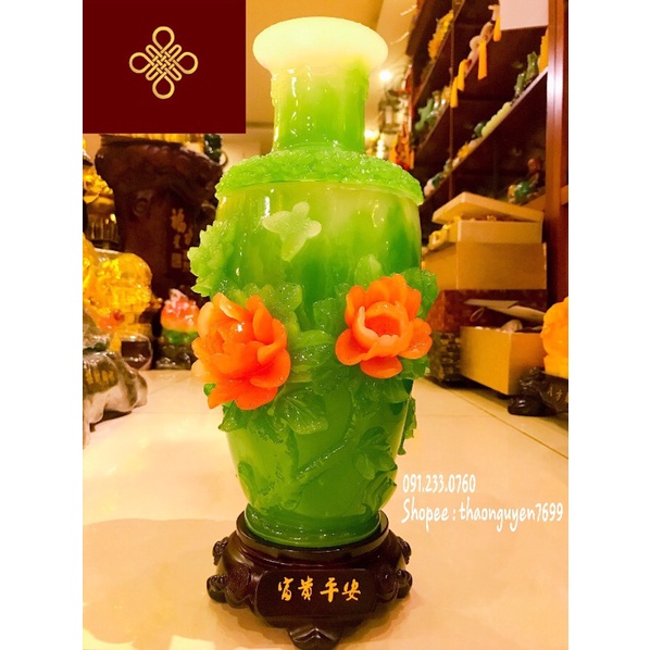 Lọ Lục Bình Xanh Ngọc hoa mẫu đơn đỏ (cao 41, dài 12, rộng 12)