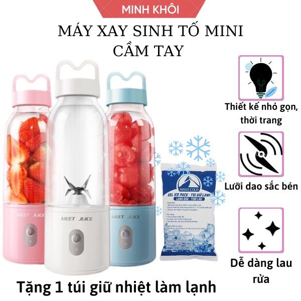 Máy xay sinh tố mini cầm tay Meet Juice 500ml tặng túi đá giữ nhiệt 24H, máy xoay hoa quả