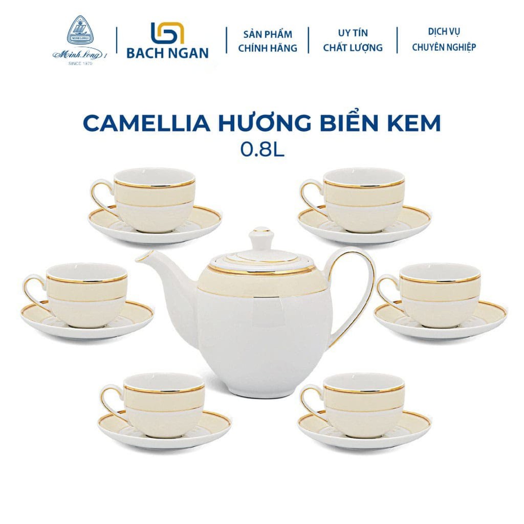Bộ Ấm Trà Gốm Sứ Minh Long Hương Biển Kem 0.8 L hàng đẹp, cao cấp, sang trọng đãi khách, quà tặng - 6 tách