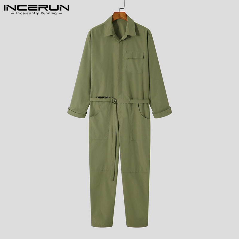 Áo liền quần INCERUN dài tay màu trơn phối dây thắt lưng thời trang cho nam