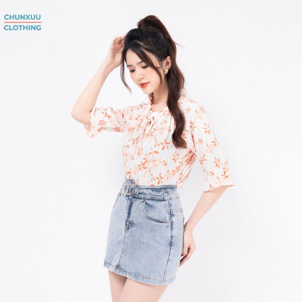 Áo sơ mi nữ tay lỡ thời trang công sở Chunxuu thiết kế cổ áo bèo họa tiết hoa nhí tươi sáng trẻ trung - XU15
