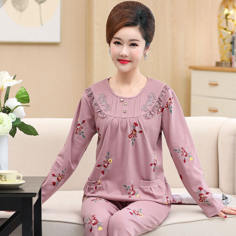 đẹp khuyến mãiBộ đồ ngủ dành cho bà mẹ trung niên mùa xuân và thu Vải thun cotton dài tay người già cỡ lớn phù