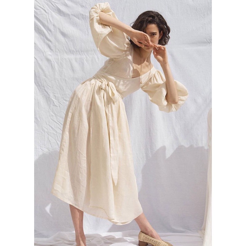 Đầm Linen Đắp Chéo Tay Bồng