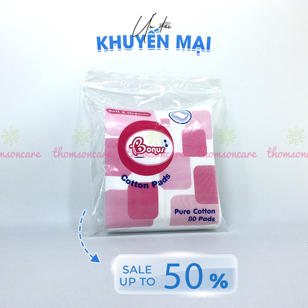 Bông tẩy trang Bonus gói 80 miếng vuông từ Thái Lan Pure Cotton Pads từ bông gòn tự nhiên