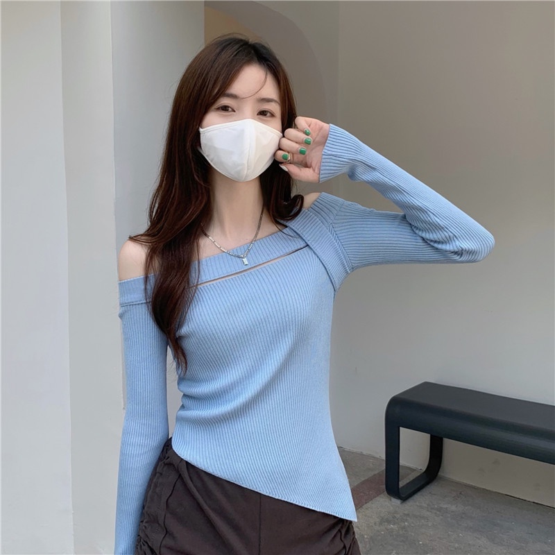 Áo dệt kim trễ vai dáng ôm phong cách Hàn Quốc thời trang cho nữ