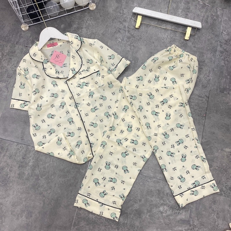 Bộ pijamas quần dài áo cộc chất đũi mềm Hàn hoạ tiết nhiều hình siêu mát, Đồ ngủ xinh mặc nhà chất mát