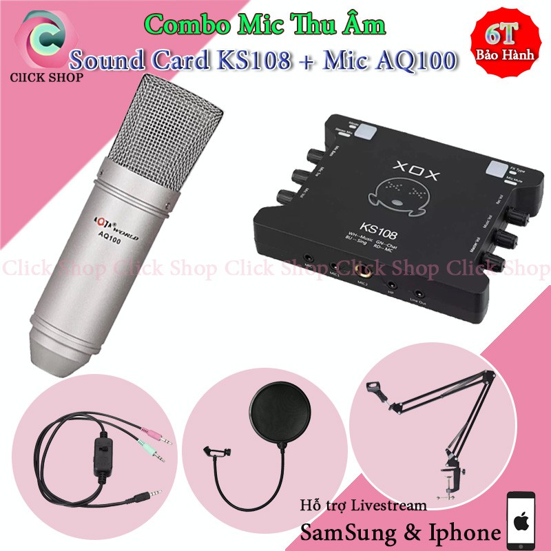 Combo Mic Thu Âm Livestream Karaoke Aqta AQ100 và Sound Card XOX KS108 Bản Tiếng Anh Đi Kèm Chân Kẹp Màng Lọc Dây MA2
