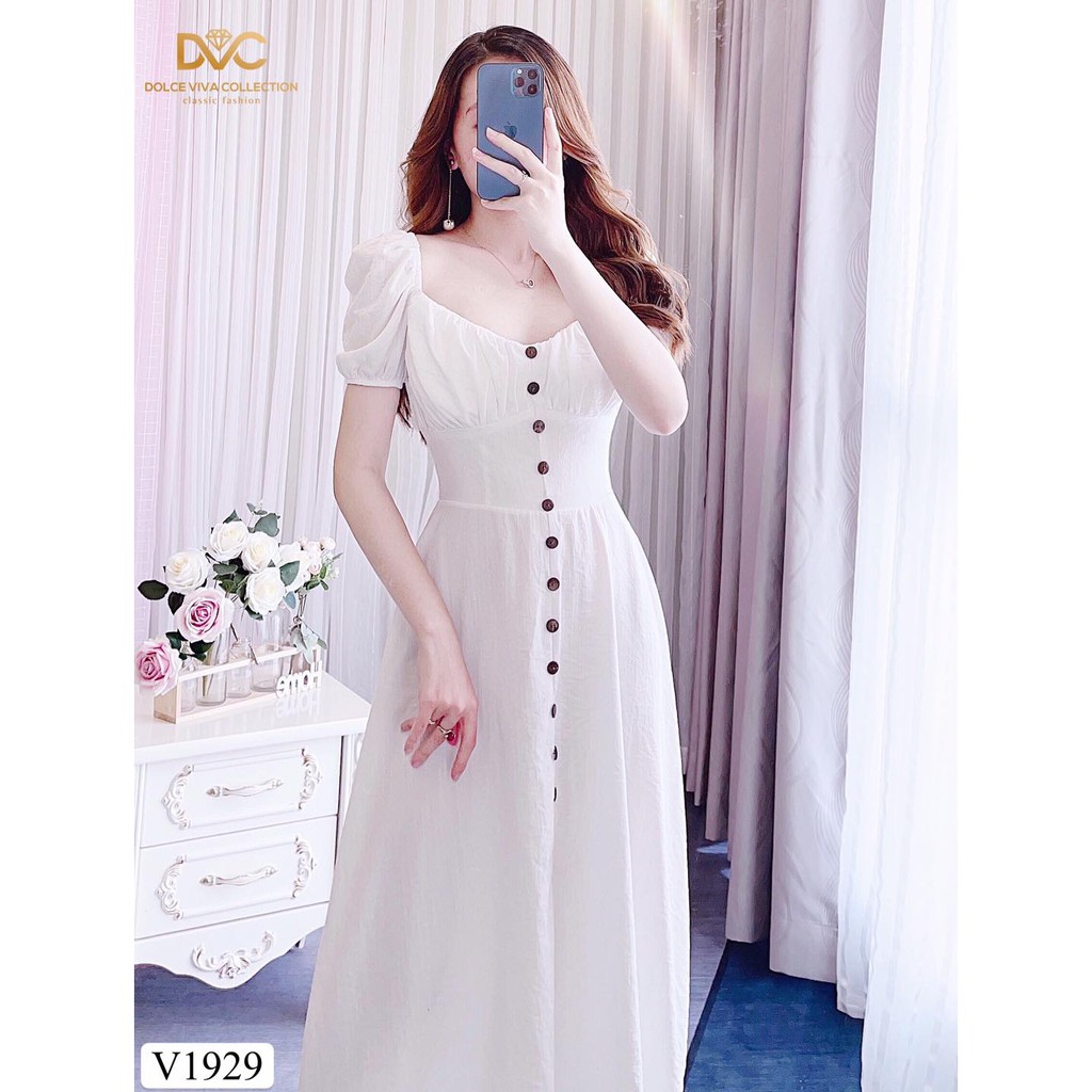 váy trắng trễ vai đính khuy gỗ V1929 - Đẹp Shop DVC