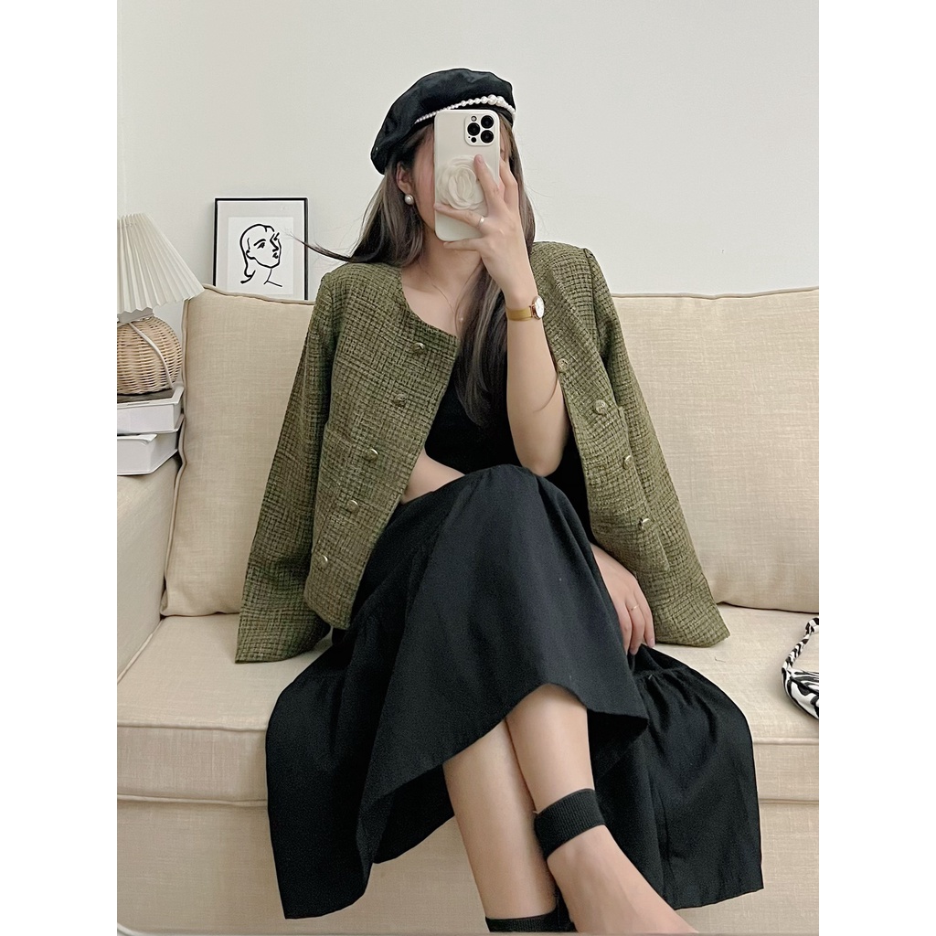 Áo khoác dạ tweed khuy đồng dáng ngắn dài tay hàng Quảng Châu