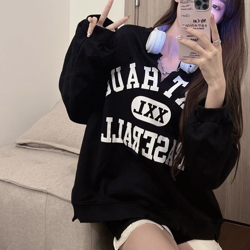 ZHELIHANGFEI Áo Thun Tay Dài Dáng Rộng Thiết Kế Rách Cá Tính Hợp Thời Trang