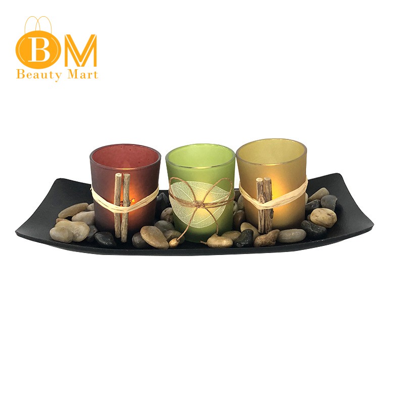 3 Candlestick Cup Decorative Candle Holders with Rocks and Tray