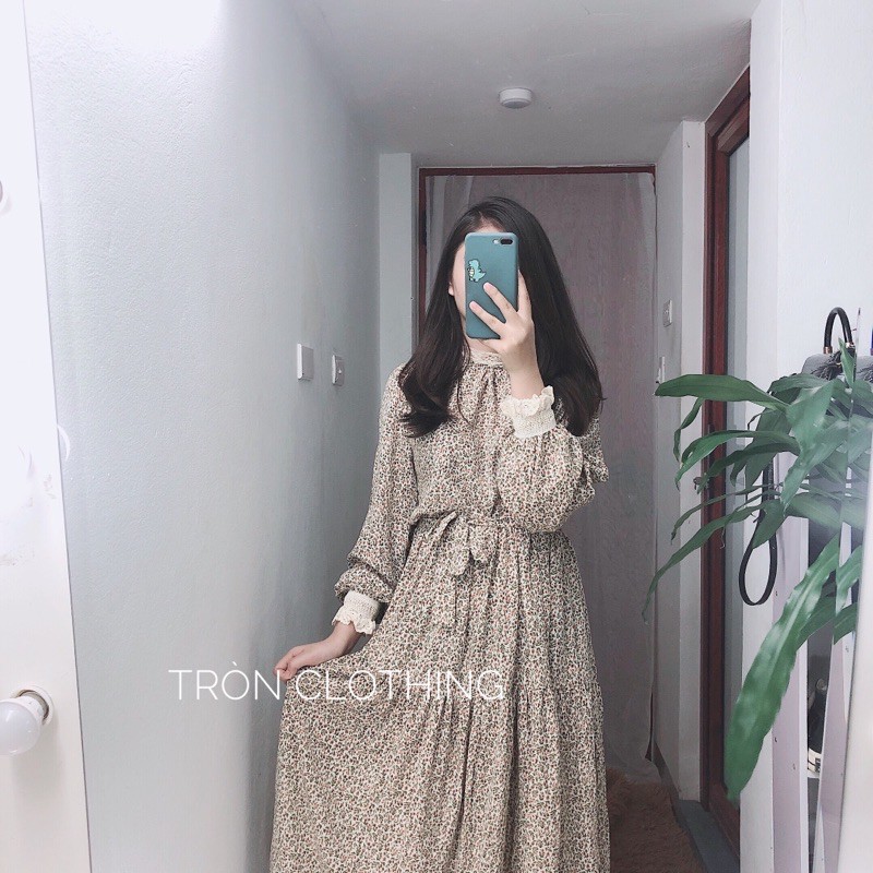 Váy Maxi Hoa Nhí Dài Cổ Và Tay Phối Len Ren Siêu Đẹp - Freesize | BigBuy360 - bigbuy360.vn