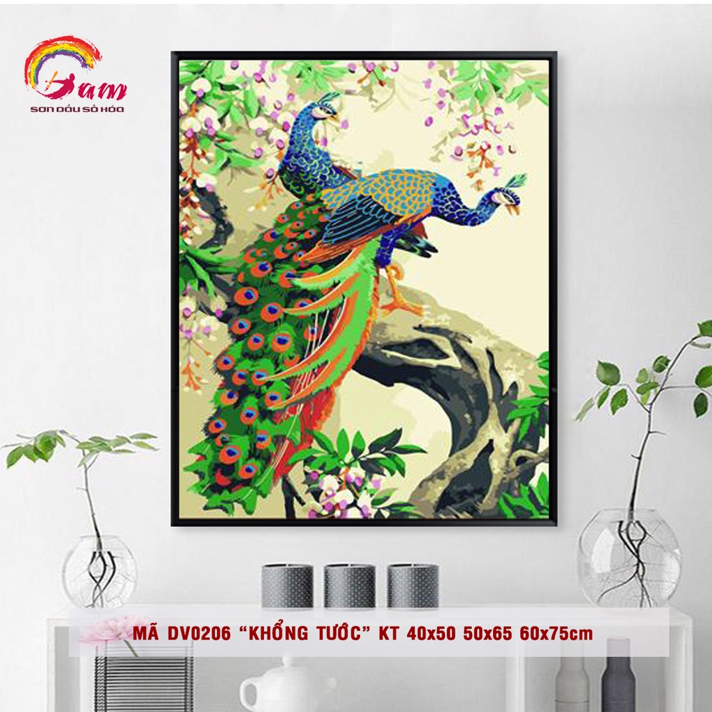 Tranh sơn dầu số hoá Gam đôi chim công căng khung 40x50cm DV0206