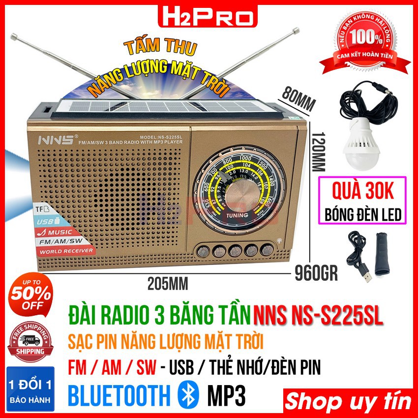 ĐÀI RADIO FM-AM-SW H2Pro NS-S225SL pin sạc năng lượng mặt trời, đài radio tích hợp loa Bluetooth-USB-Thẻ nhớ-đèn pin