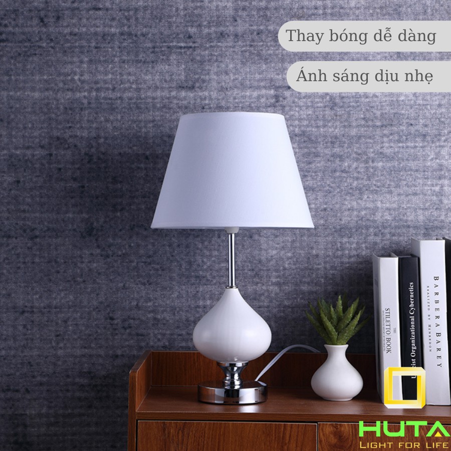 Đèn Ngủ Để Bàn Cao Cấp HUTA Dimmer Thân Sứ, Ánh Sáng Led Vàng, Decor Trang Trí Phòng Ngủ, Phòng Khách, Khách Sạn, S10