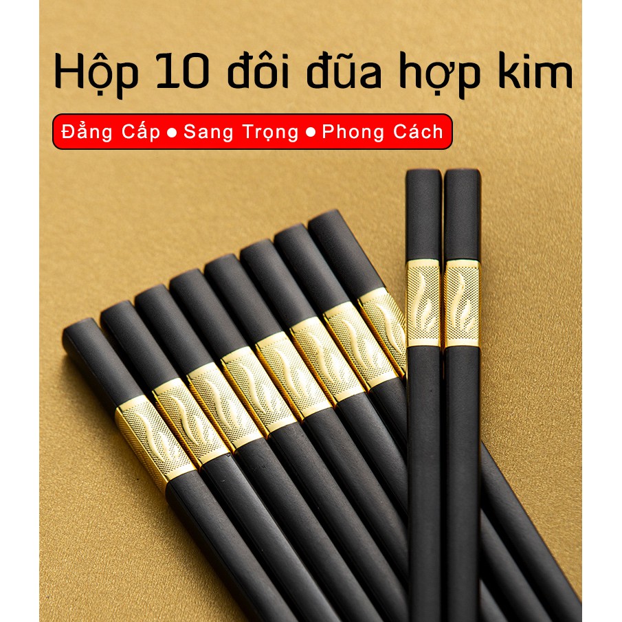 [Hàng sẵn] Hộp 10 Đôi Đũa Hợp Kim Mạ Vàng Hàn Quốc