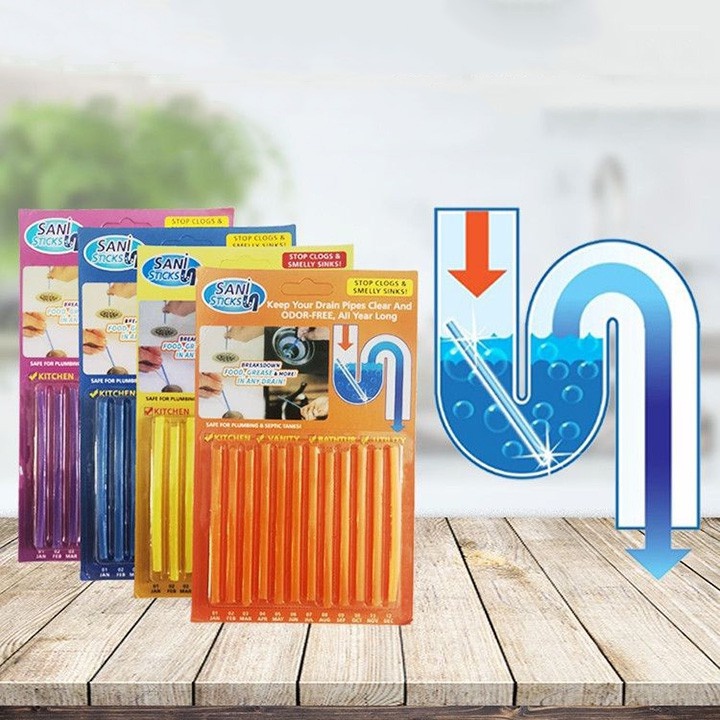 Que Chống Tắc Bồn Rửa Chén Bát, Rửa Mặt, Bồn Cầu SANI STICKS Vĩ 12Que - Loại Bỏ Cặn Bẩn, Thông Đường Ống Thoát Nước