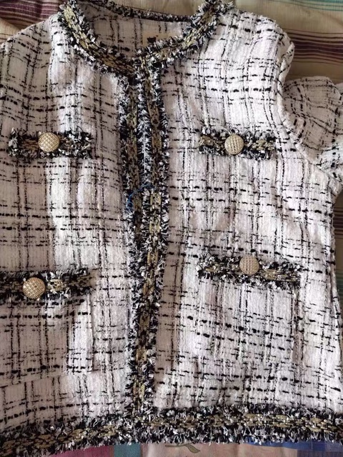 Áo khoác dạ tweed cổ tròn dáng ngắn/ áo dạ kẻ tweed kẻ phối màu