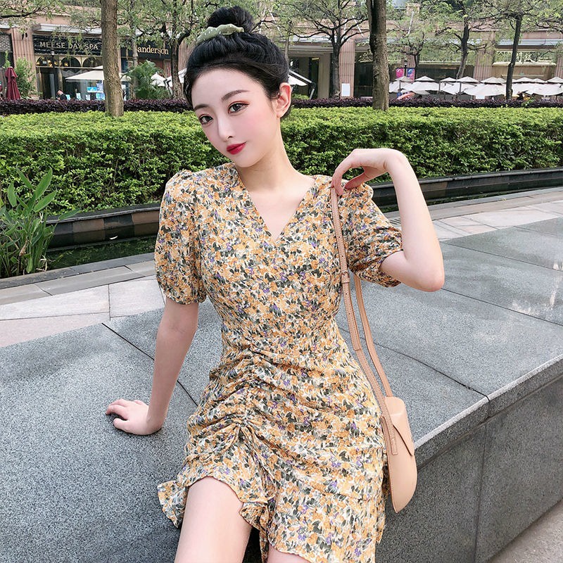 Đầm Cổ Chữ V Họa Tiết Hoa Ngọt Ngào Thời Trang Mùa Hè Theo Phong Cách Hàn Quốc Cho Nữ