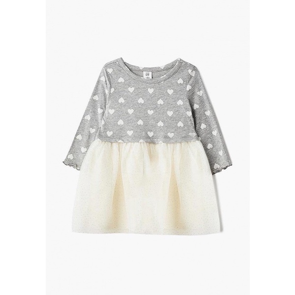 Váy thun tăm Baby Gap màu ghi hình tim trắng phối chân voan nhũ trắng