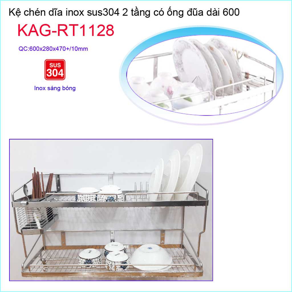 Kệ chén dĩa 6T inox 304, kệ úp chén dĩa inox có ống đũa KAG-RT1128