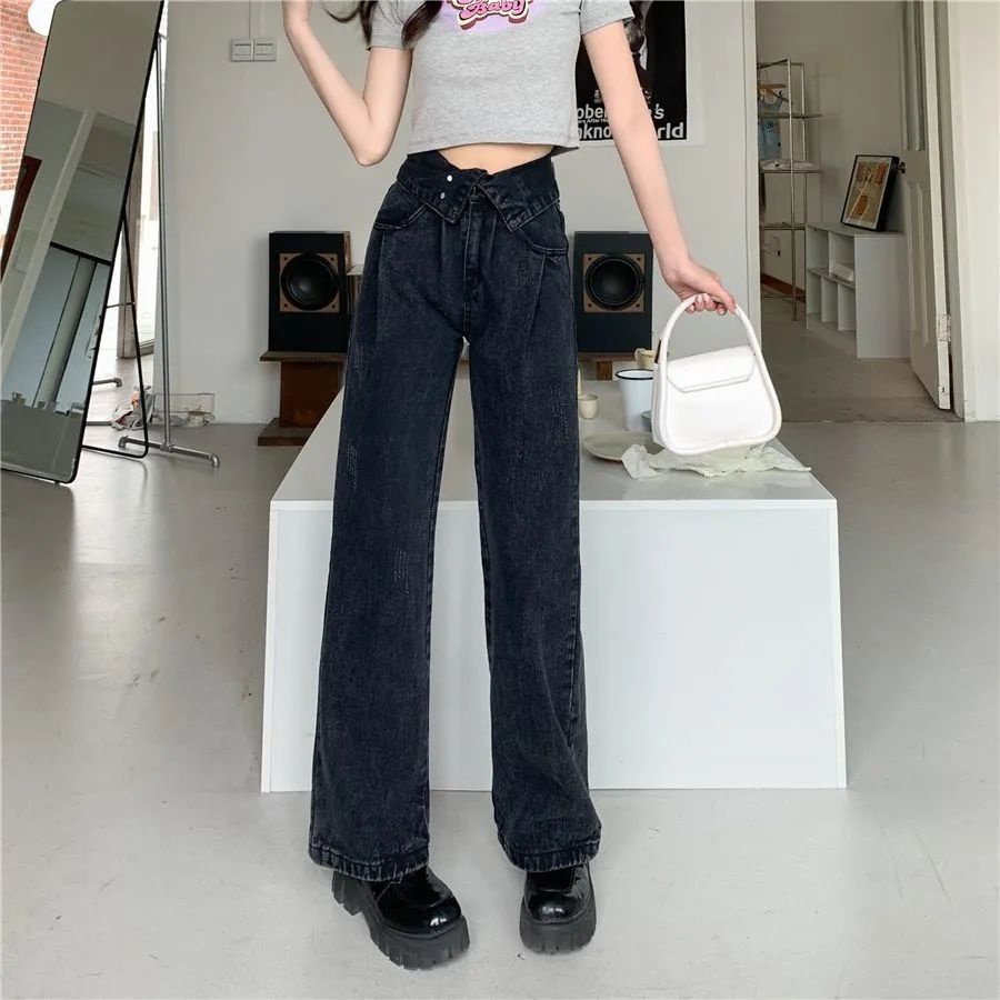 Jiashucheng Hàng Có Sẵn Quần Jean Nữ Lưng Cao Ống Rộng Phong Cách Retro Mùa Hè Mới